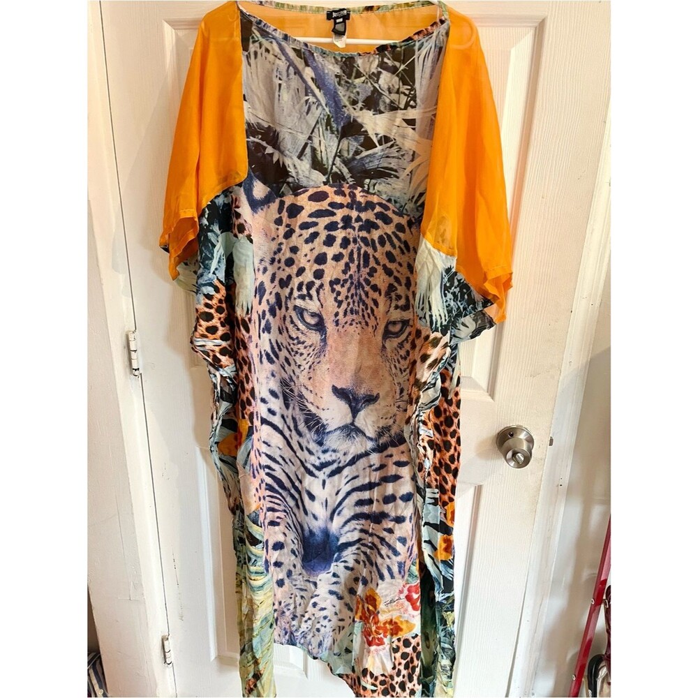 Just Cavalli Orange Leopard Print Kaftan Maxi Dress Swim Beach Coverup